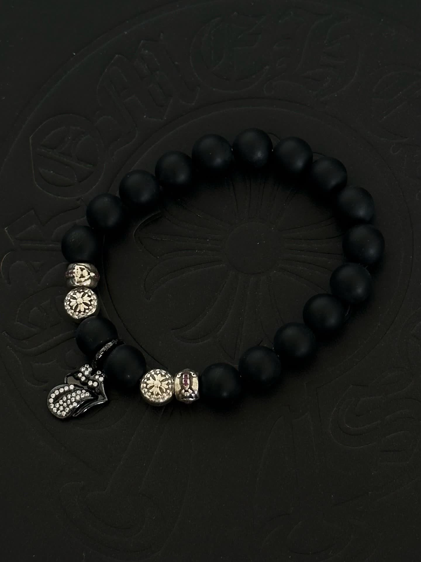 Chrome Hearts Black Beaded Bracelet with Silver Charms